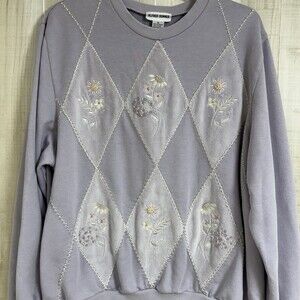 Vtg Alfred Dunner Lavender Granny Embroidered Floral Argyle Velour Cottagecore